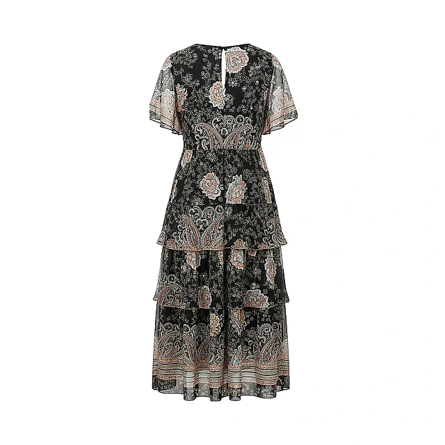 Kirablend Flowy Chiffon V-Neck Tiered Dress with Flutter Sleeves — Vacation-Ready Style