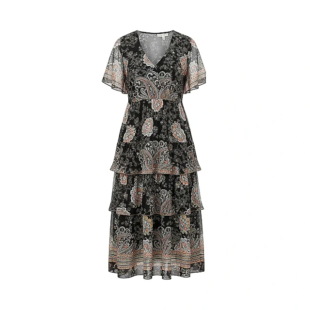 Kirablend Flowy Chiffon V-Neck Tiered Dress with Flutter Sleeves — Vacation-Ready Style