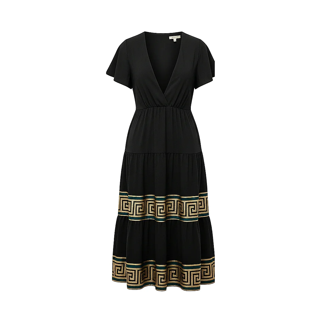 Kirablend Soft Crepe V-Neck Tiered Dress with Flutter Sleeves — Resort Chic