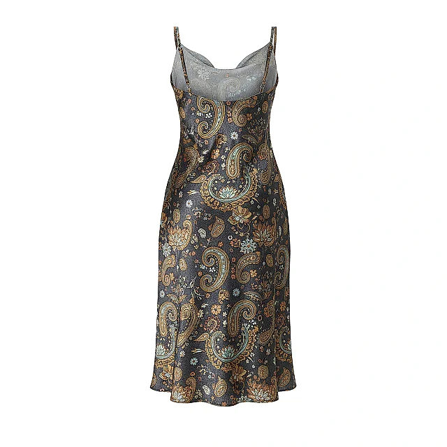 Kirablend Matte Satin Cowl Neck Slip Dress with Paisley Elegance — Resort Ready