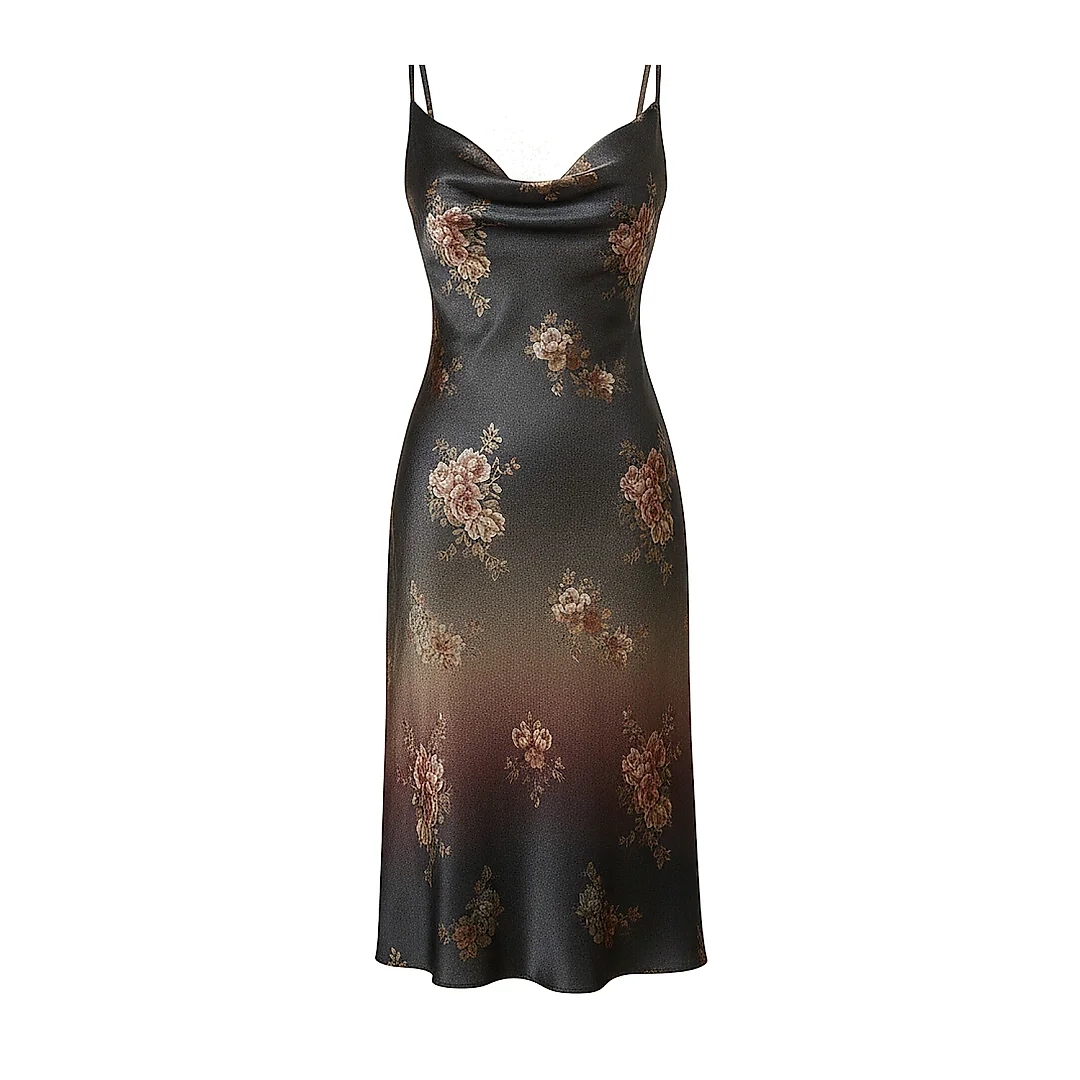 Kirablend Charmeuse Cowl Neck Slip Dress with Damask Print — Cocktail Elegance