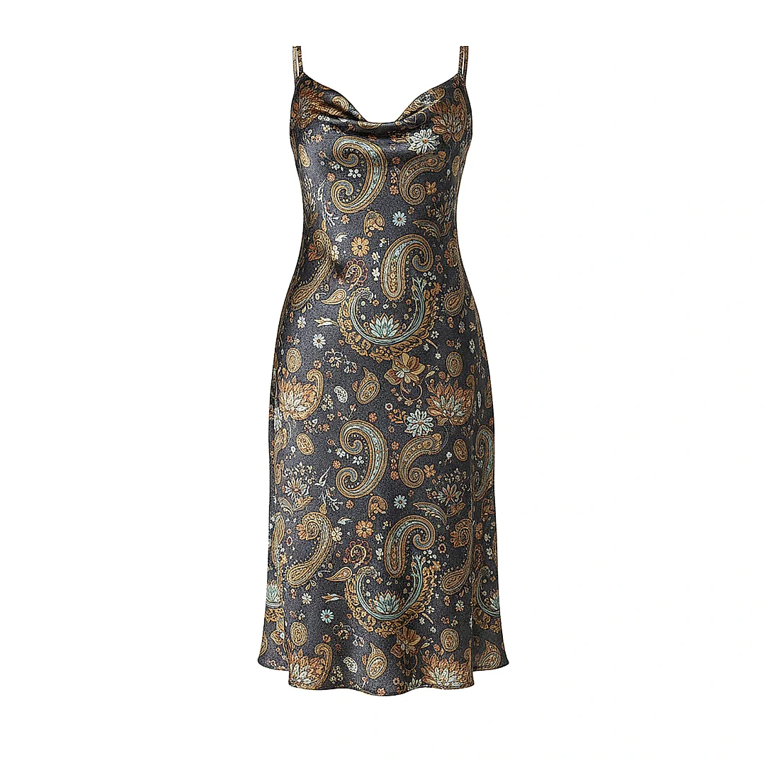 Kirablend Matte Satin Cowl Neck Slip Dress with Paisley Elegance — Resort Ready