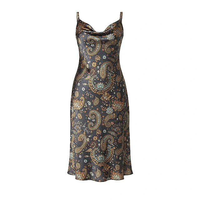 Kirablend Matte Satin Cowl Neck Slip Dress with Paisley Elegance — Resort Ready