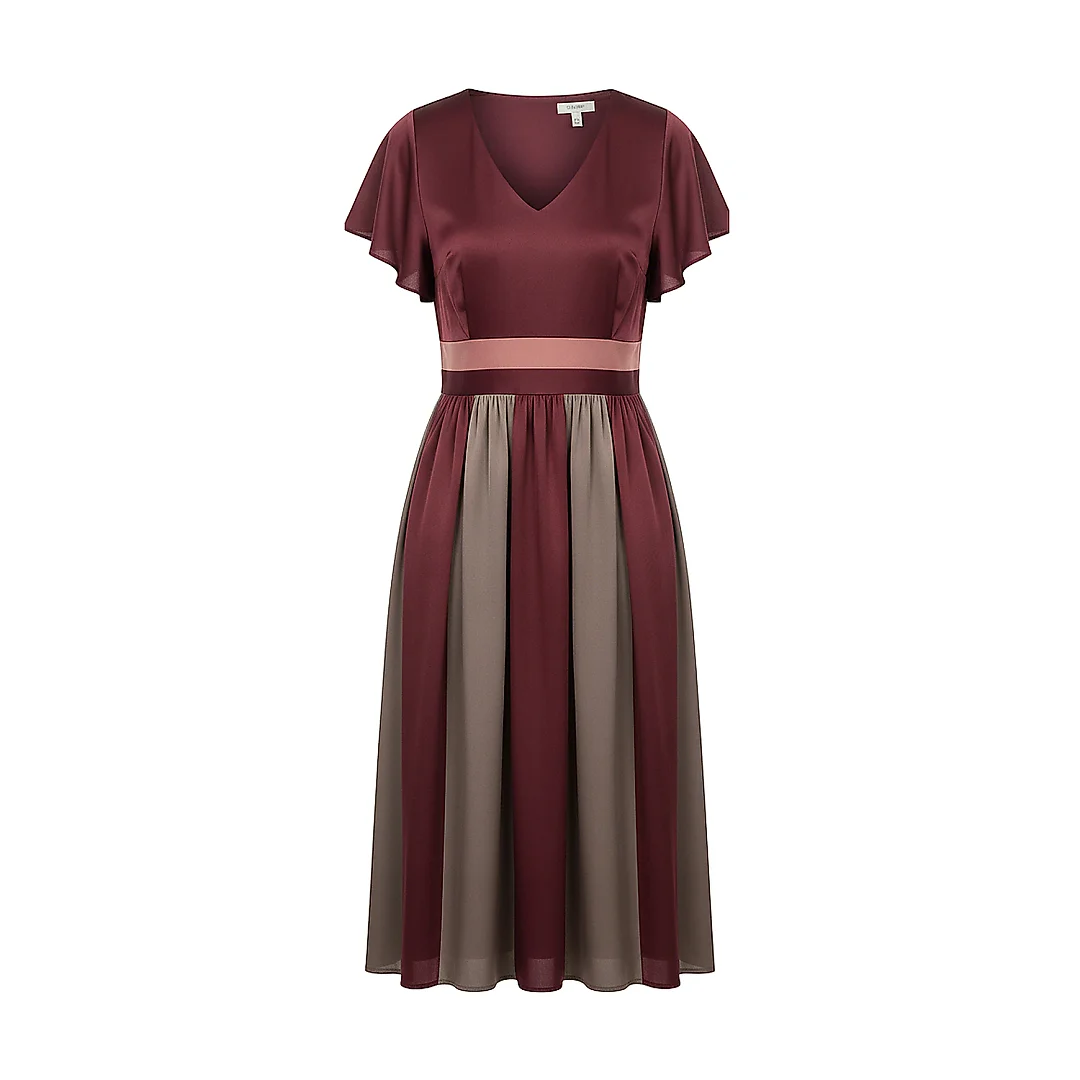 Kirablend Matte Satin V-Neck Drop-Waist Dress with Flutter Sleeves — Cocktail-Ready Style