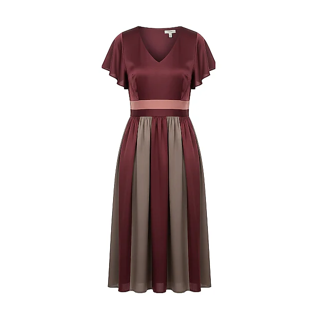Kirablend Matte Satin V-Neck Drop-Waist Dress with Flutter Sleeves — Cocktail-Ready Style