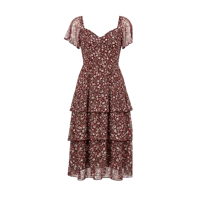 Kirablend Georgette Sweetheart Tiered Dress with Flutter Sleeves — Vacation Ready
