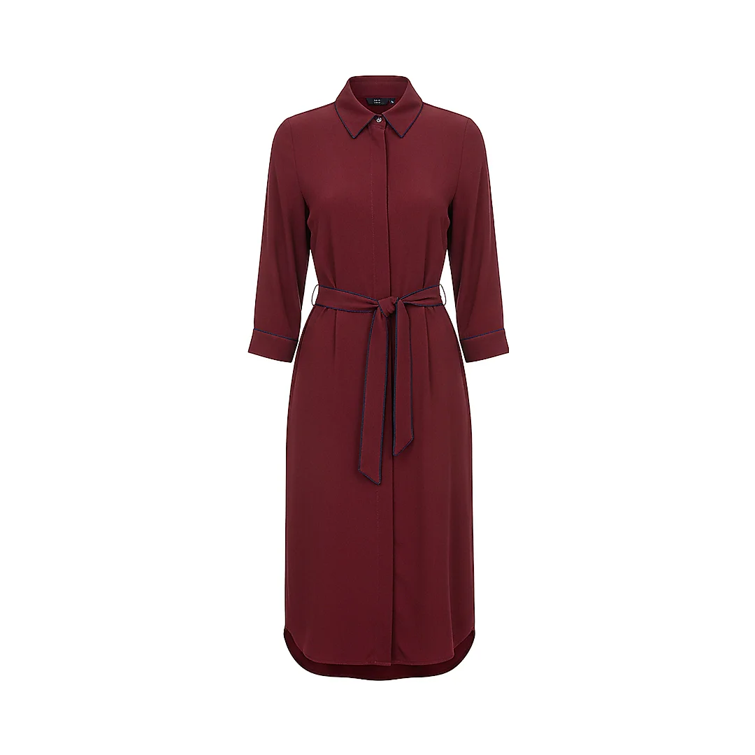 Kirablend Crepe Shirt Collar Midi Shirt Dress with Tie Waist — Office-Ready Elegance