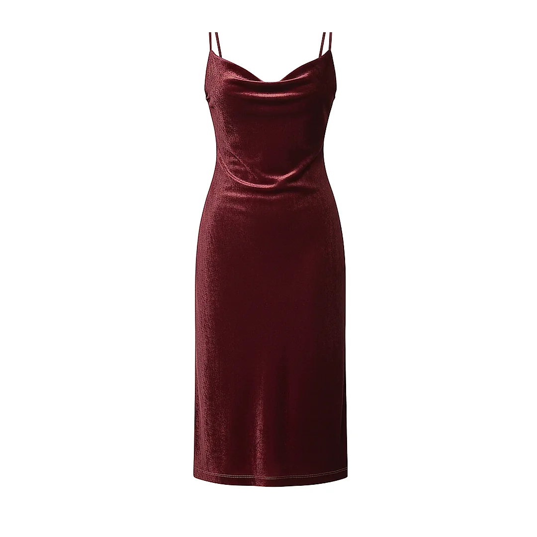 Kirablend Velvet Cowl Neck Slip Dress with Champagne Accent Stitching — Cocktail Elegance