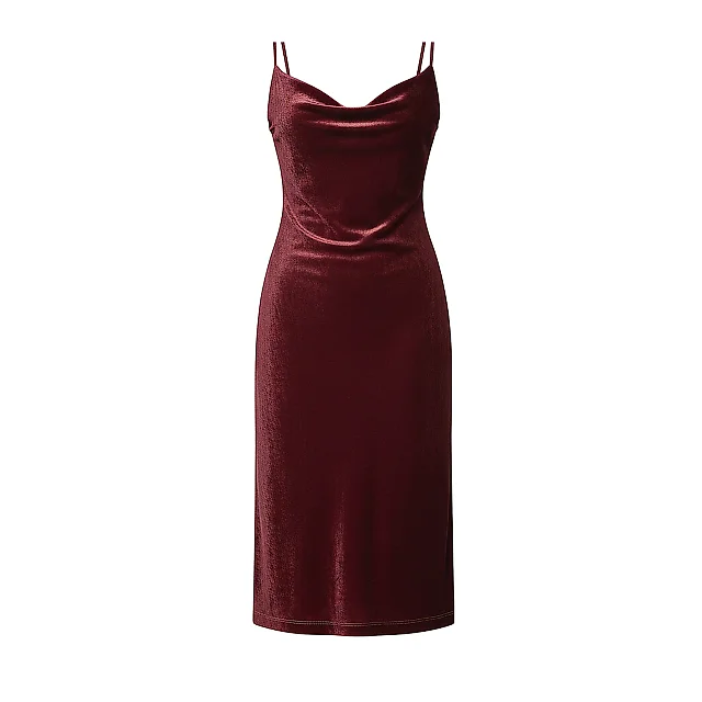 Kirablend Velvet Cowl Neck Slip Dress with Champagne Accent Stitching — Cocktail Elegance