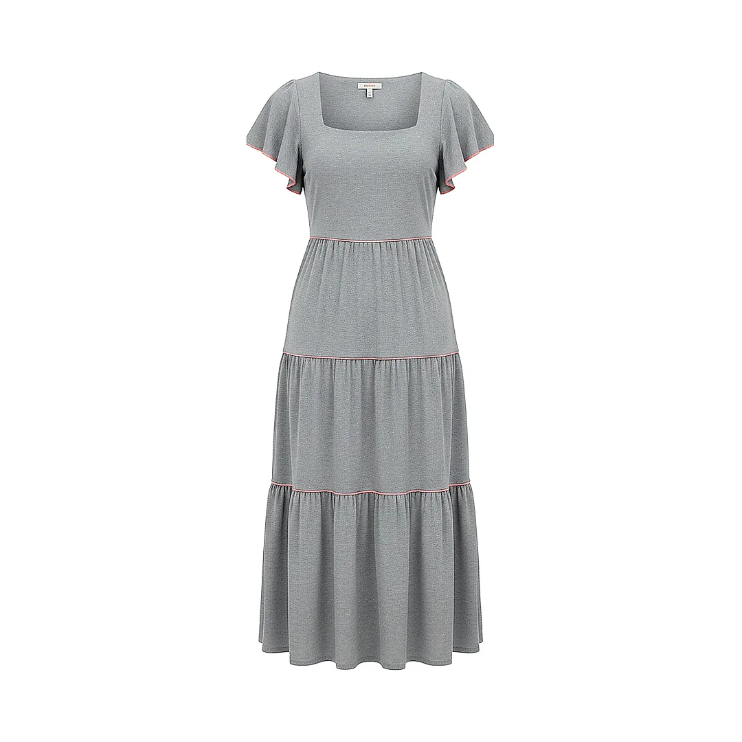 Kirablend Tencel/Lyocell Square Neck Tiered Dress with Flutter Sleeves — Resort-Ready Elegance