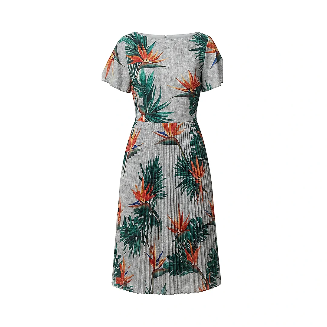 Kirablend Crepe Boat Neck Pleated Dress with Flutter Sleeves — Office Elegance