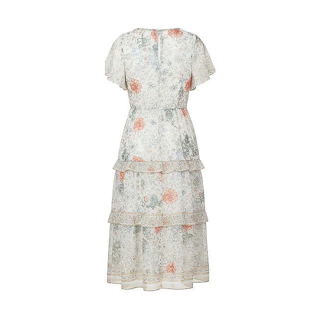 Kirablend Chiffon V-Neck Tiered Dress with Flutter Sleeves — Resort-Ready Style