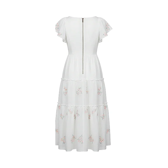 Kirablend Linen Blend Sweetheart Tiered Dress with Flutter Sleeves — Resort Ready Style