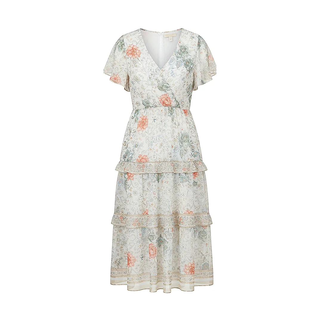 Kirablend Chiffon V-Neck Tiered Dress with Flutter Sleeves — Resort-Ready Style