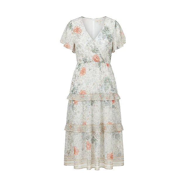 Kirablend Chiffon V-Neck Tiered Dress with Flutter Sleeves — Resort-Ready Style