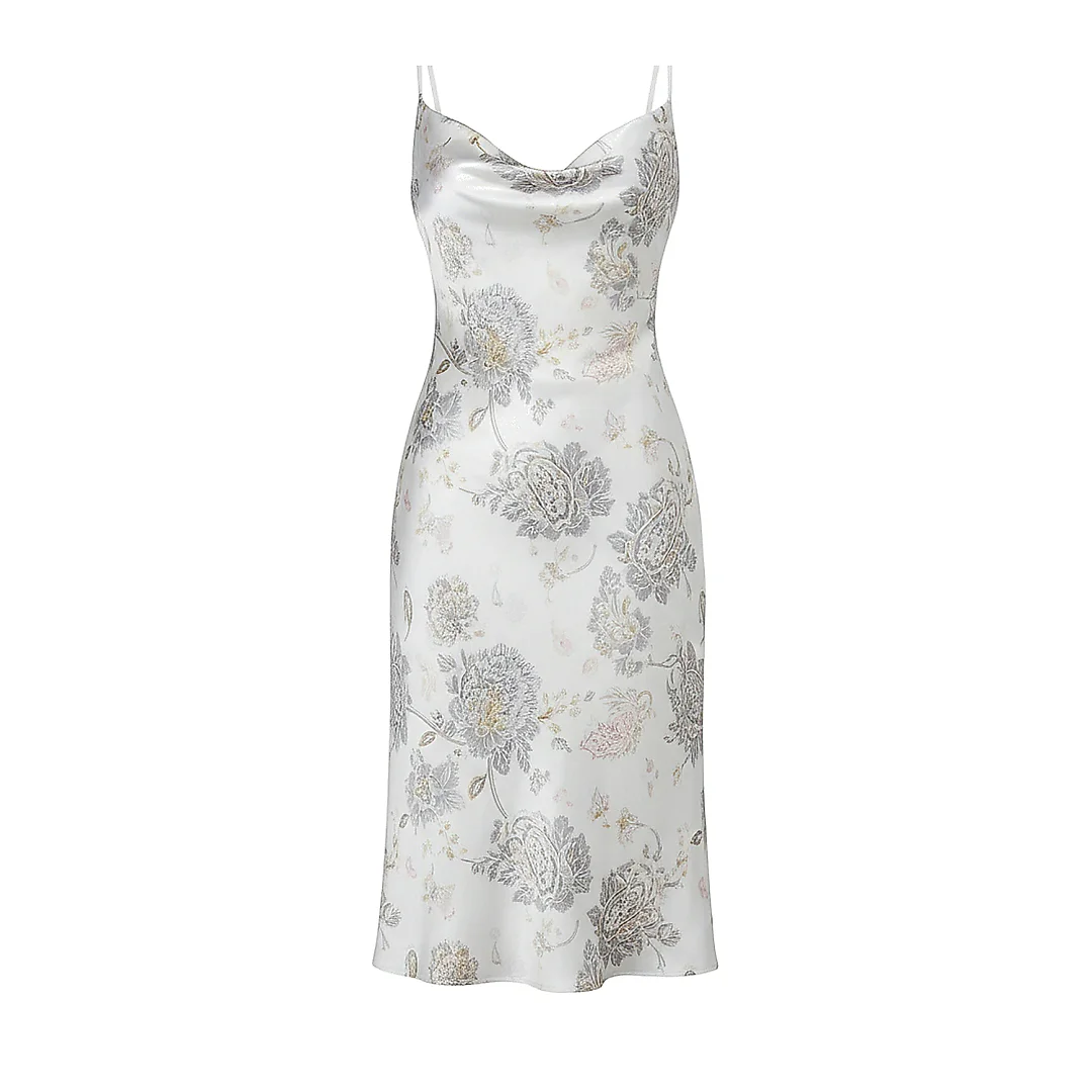 Kirablend Matte Satin Cowl Neck Slip Dress with Paisley Design — Cocktail Elegance