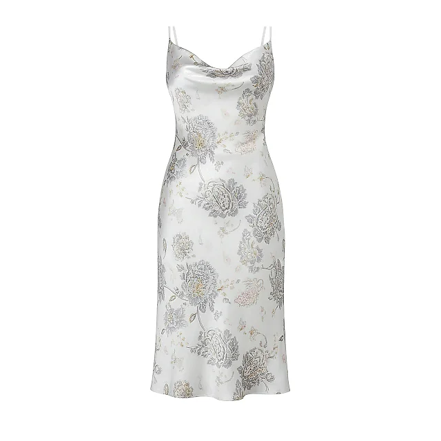 Kirablend Matte Satin Cowl Neck Slip Dress with Paisley Design — Cocktail Elegance