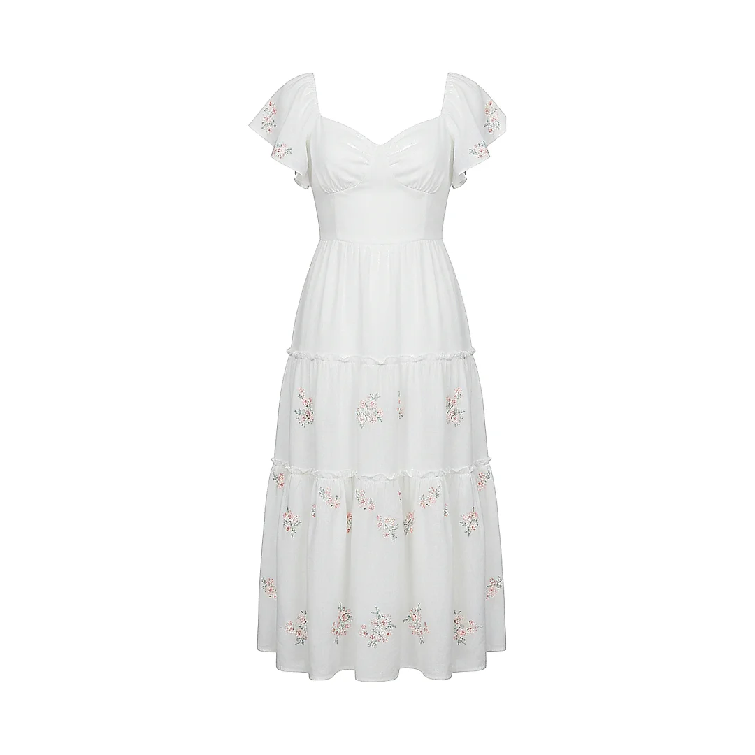 Kirablend Linen Blend Sweetheart Tiered Dress with Flutter Sleeves — Resort Ready Style