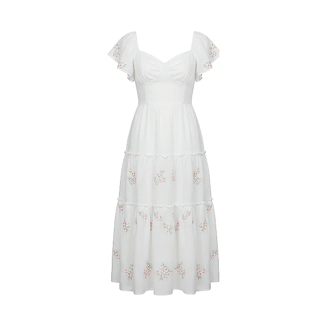 Kirablend Linen Blend Sweetheart Tiered Dress with Flutter Sleeves — Resort Ready Style