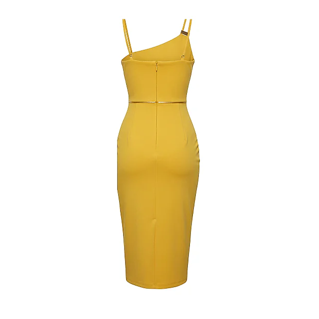 Kirablend Crepe Asymmetric Neck Bodycon Dress with Gold Details — Cocktail Ready Elegance