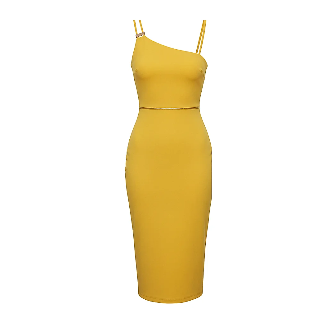 Kirablend Crepe Asymmetric Neck Bodycon Dress with Gold Details — Cocktail Ready Elegance