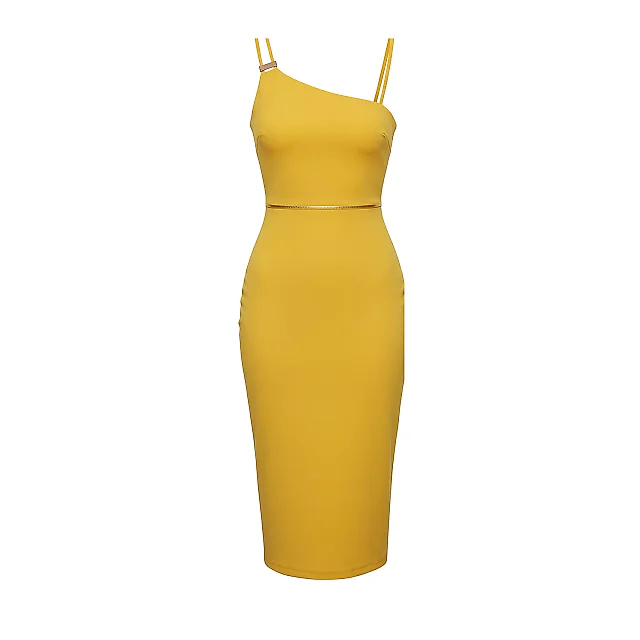 Kirablend Crepe Asymmetric Neck Bodycon Dress with Gold Details — Cocktail Ready Elegance