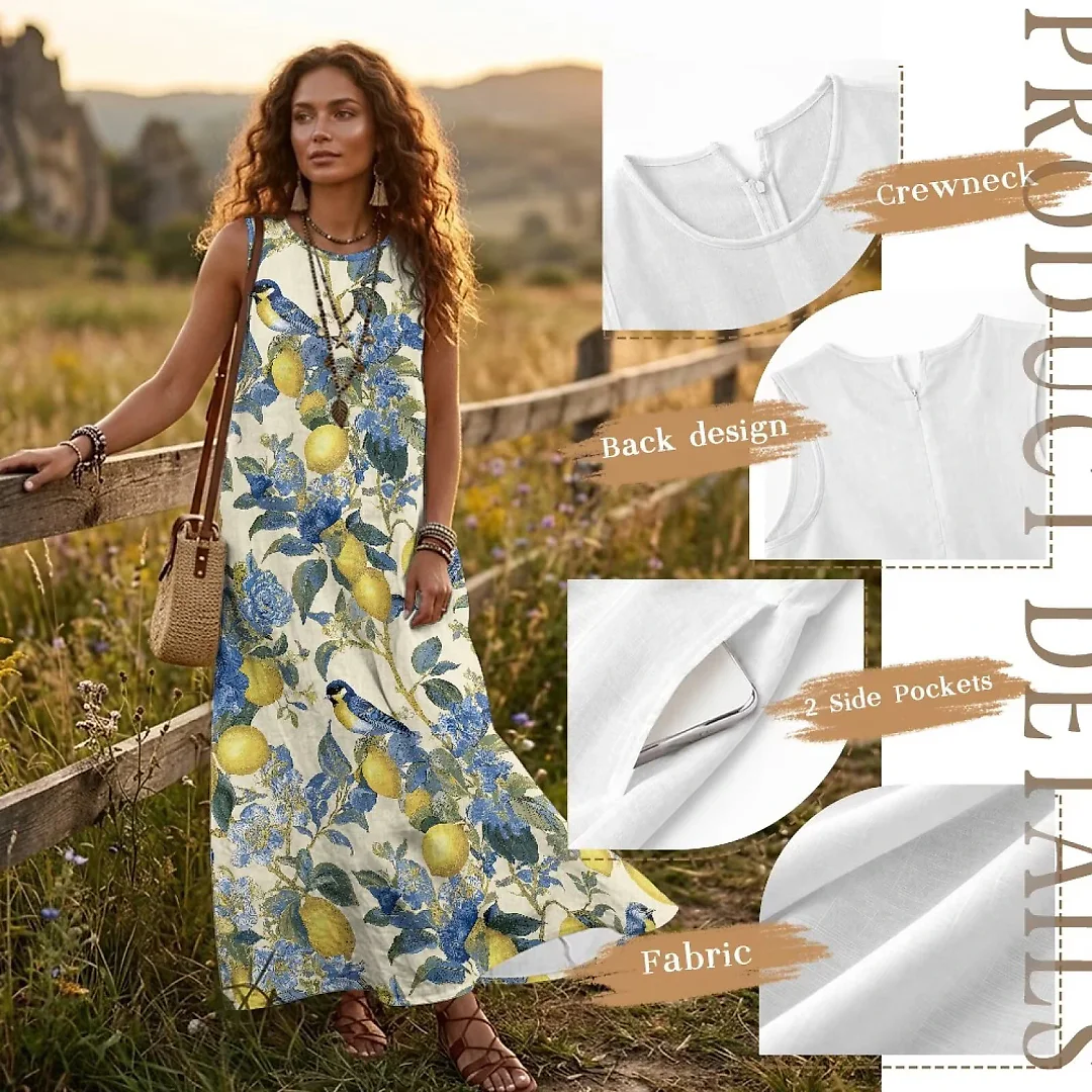 Kirablend Mira Printed Sleeveless A-Line Maxi Sundress with Pockets