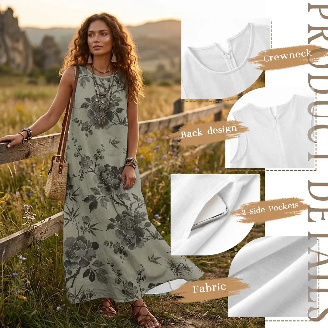 Kirablend Nalani Linen-Look Sleeveless Maxi Dress with Pockets