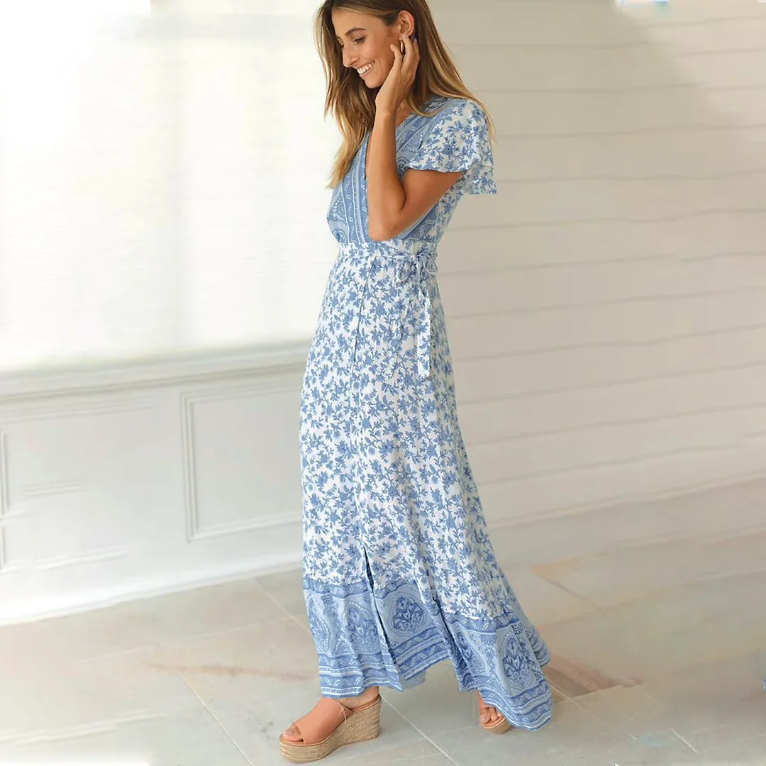 Kirablend Freya Floral Wrap V-Neck Belted Maxi Dress
