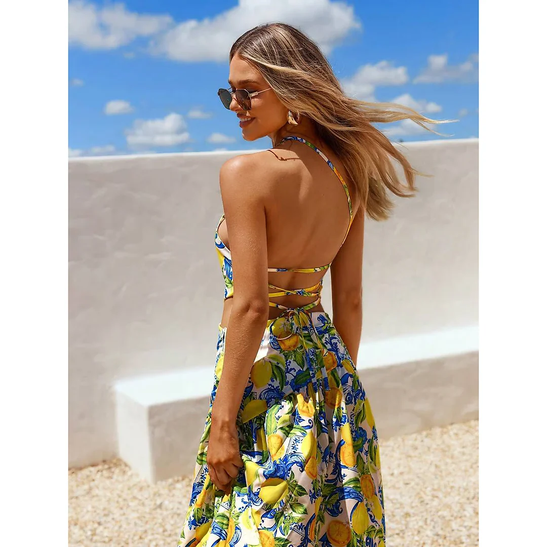 Kirablend Soleil Lemon-Print Halter Open-Back Maxi Dress