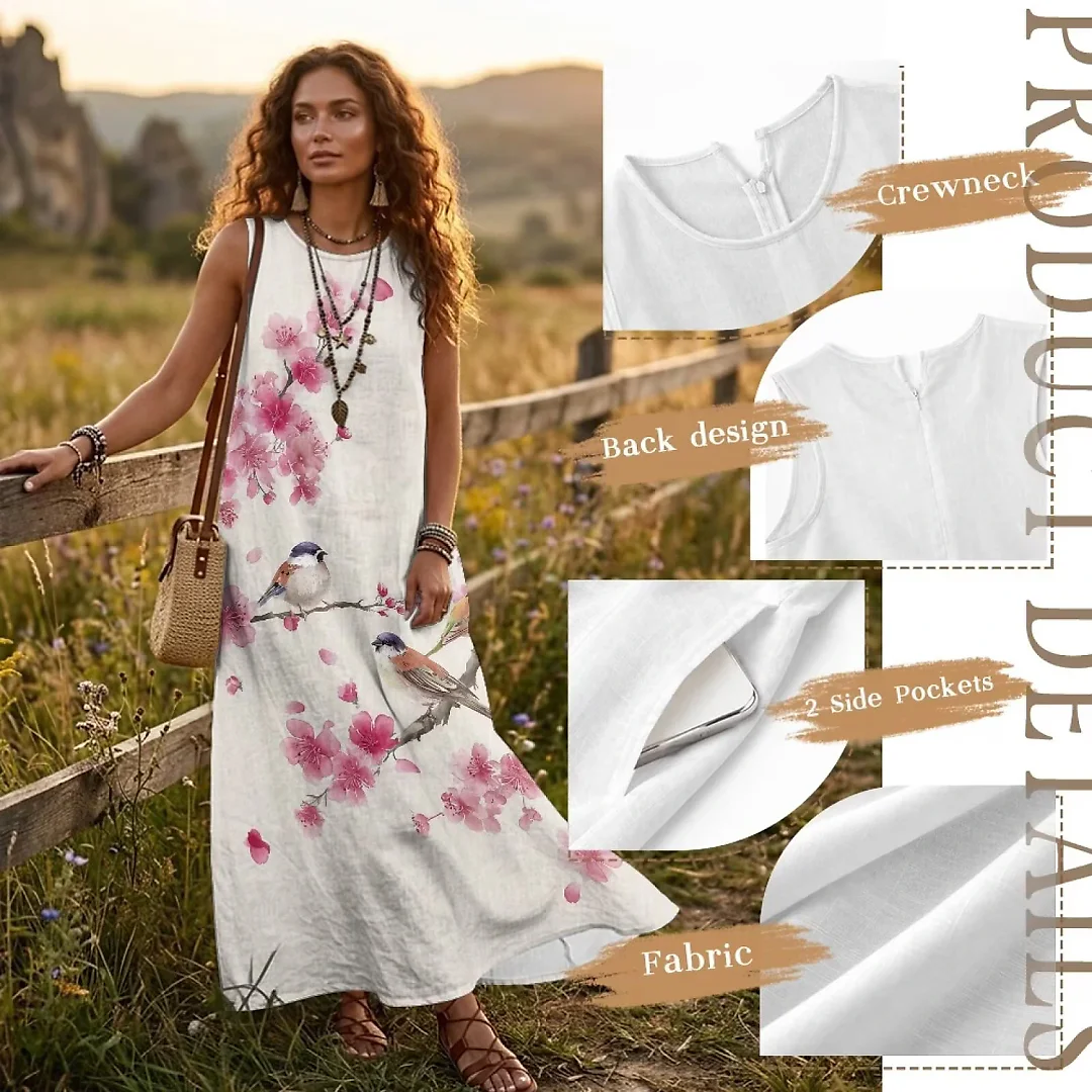 Kirablend Hana Botanical Print Sleeveless Maxi Dress with Pockets