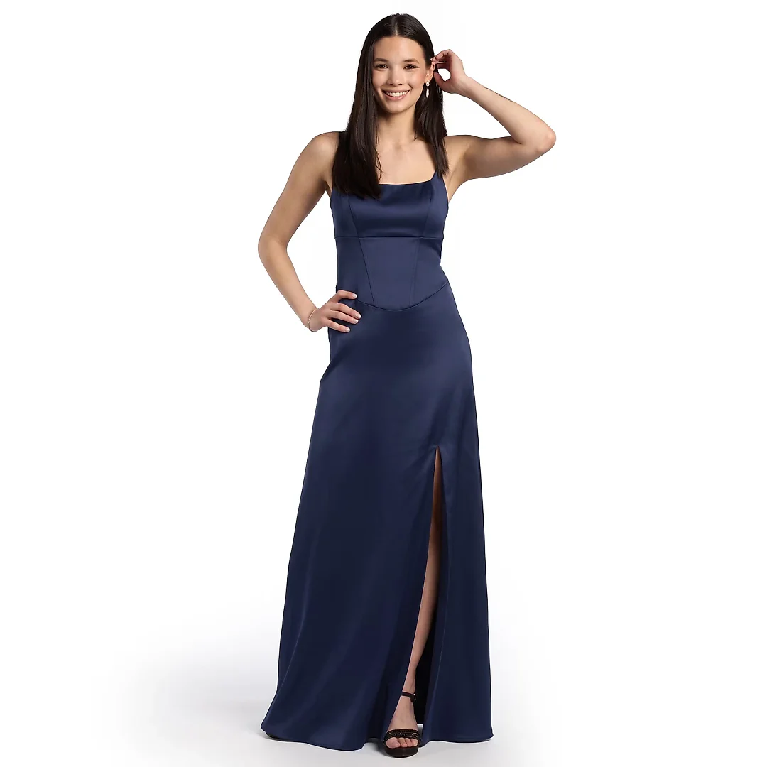 Kirablend Celeste Stretch Satin Basque-Waist Maxi Sheath Dress
