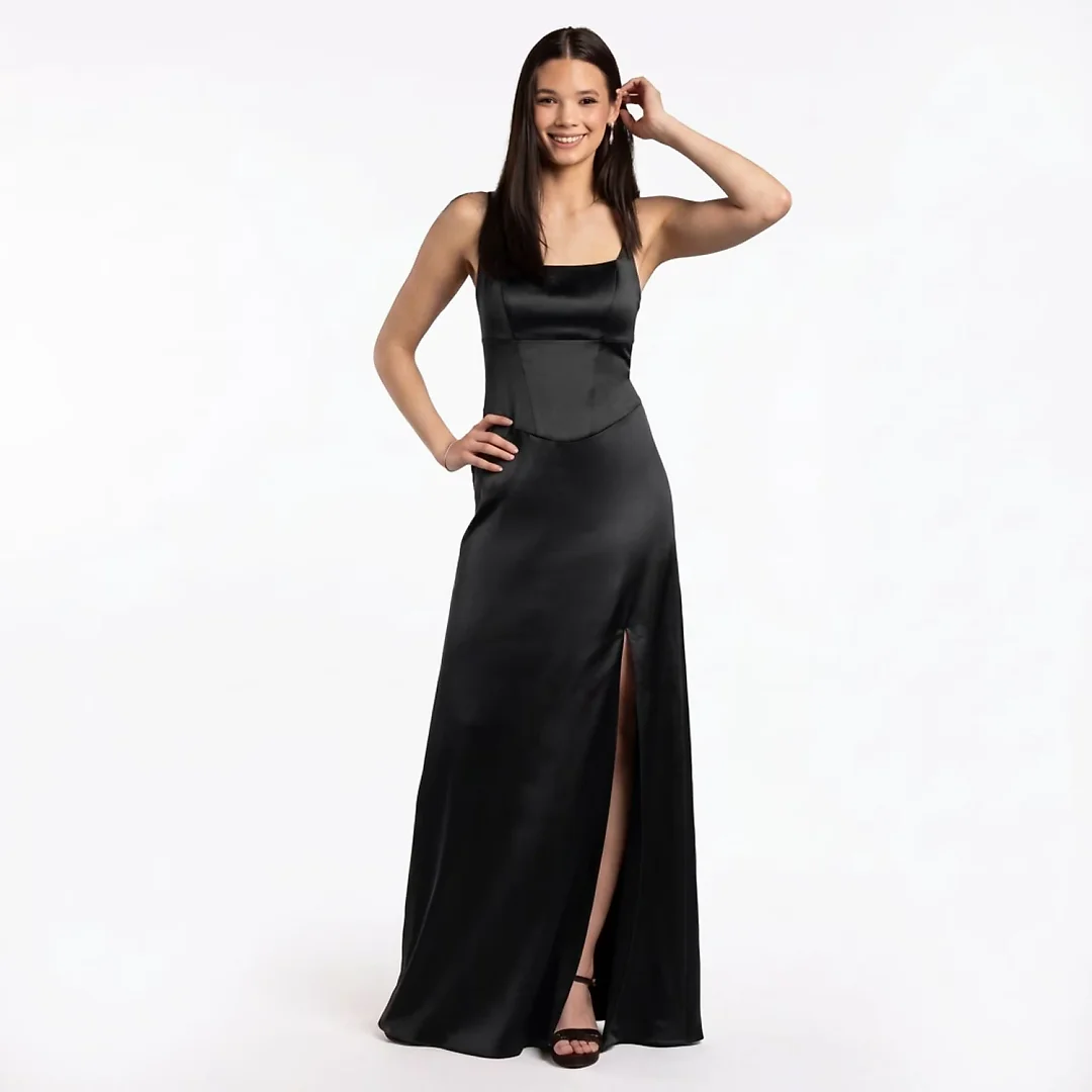 Kirablend Celeste Stretch Satin Basque-Waist Maxi Sheath Dress