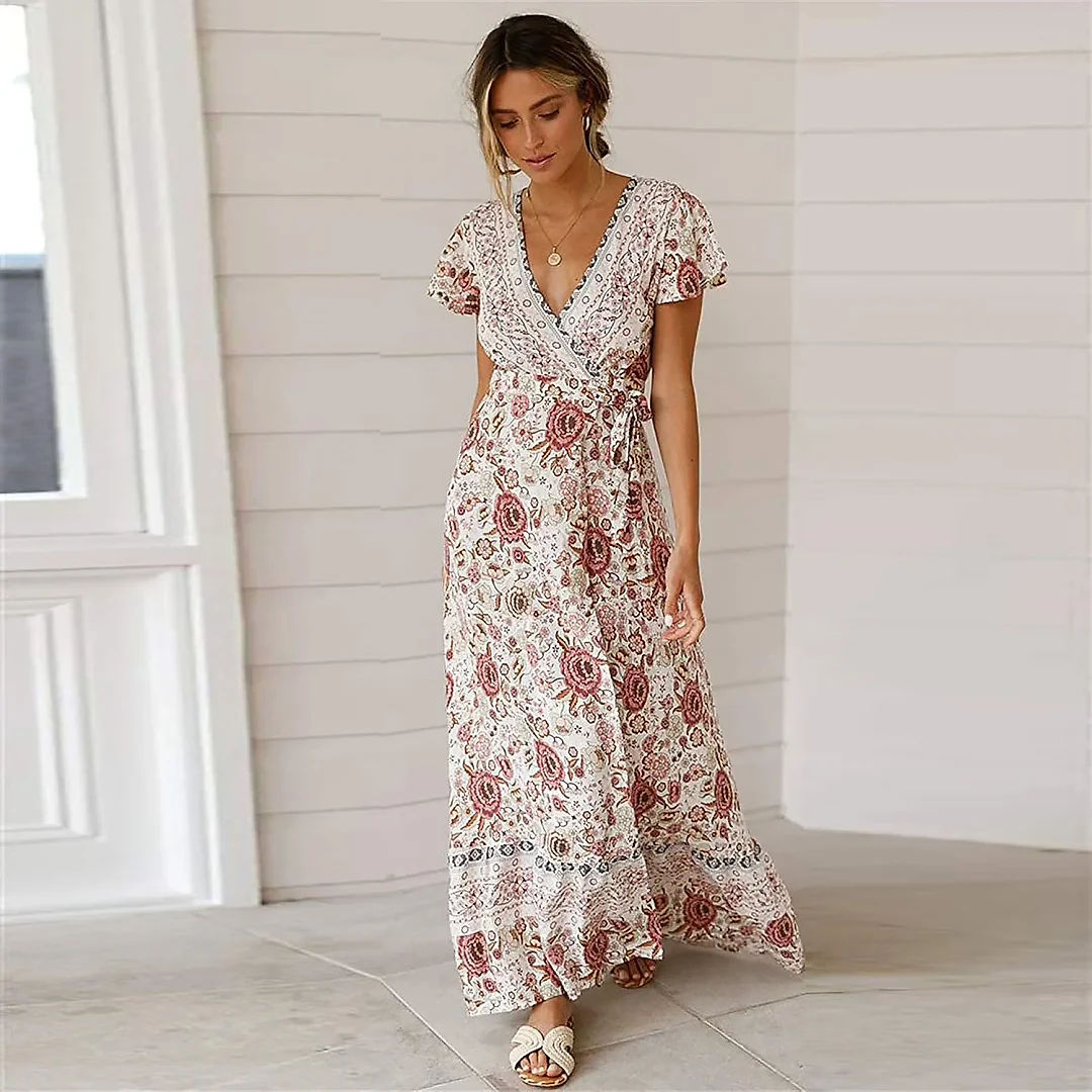 Kirablend Freya Floral Wrap V-Neck Belted Maxi Dress