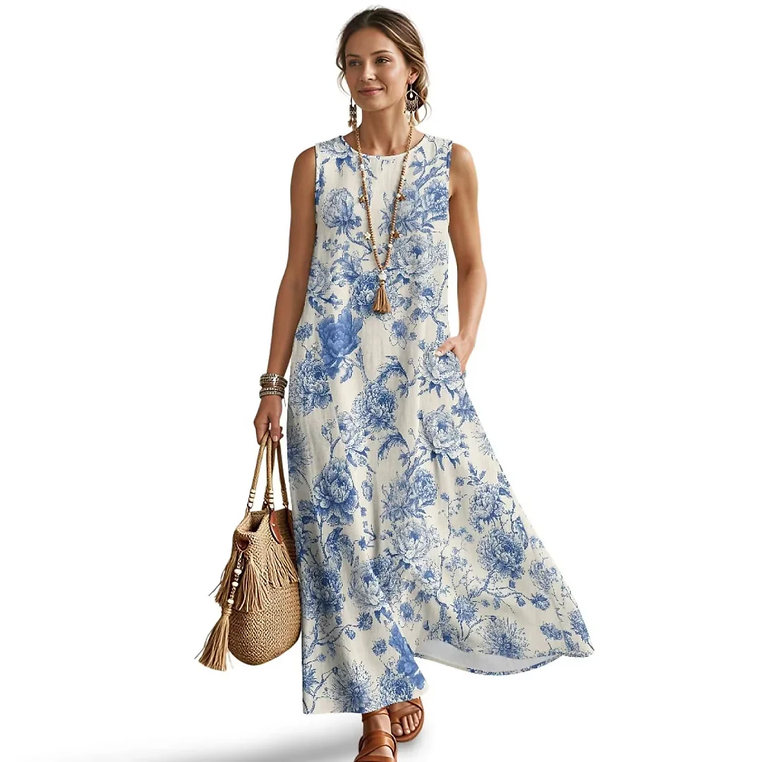 Kirablend Hana Botanical Print Sleeveless Maxi Dress with Pockets