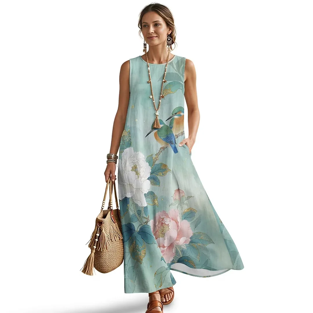 Kirablend Hana Botanical Print Sleeveless Maxi Dress with Pockets