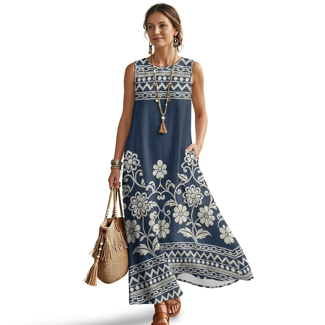 Kirablend Hana Botanical Print Sleeveless Maxi Dress with Pockets
