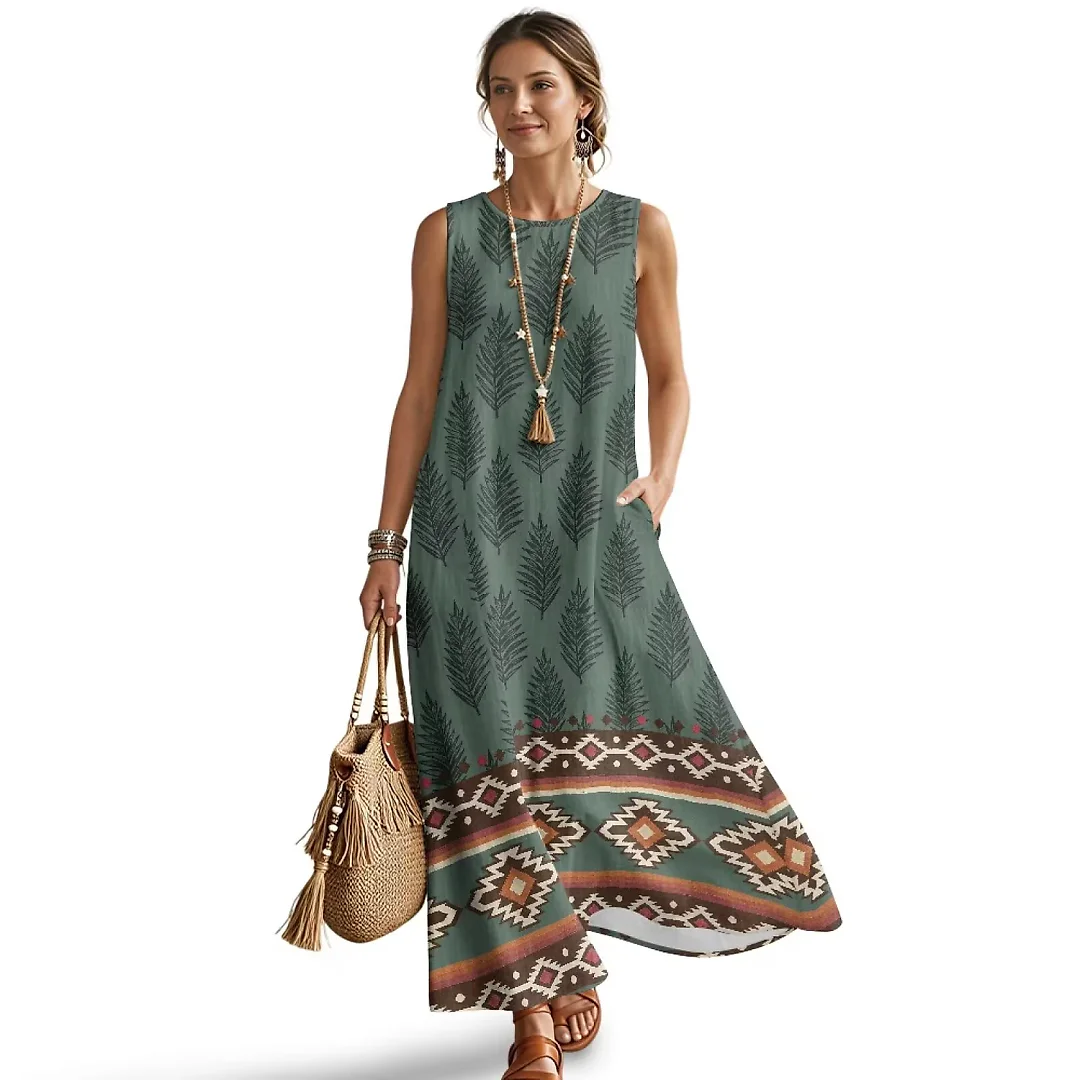 Kirablend Hana Botanical Print Sleeveless Maxi Dress with Pockets