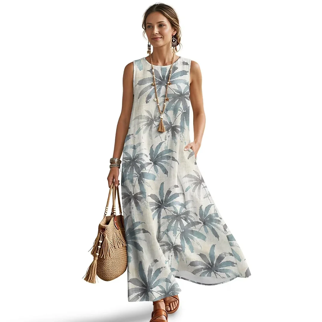 Kirablend Hana Botanical Print Sleeveless Maxi Dress with Pockets