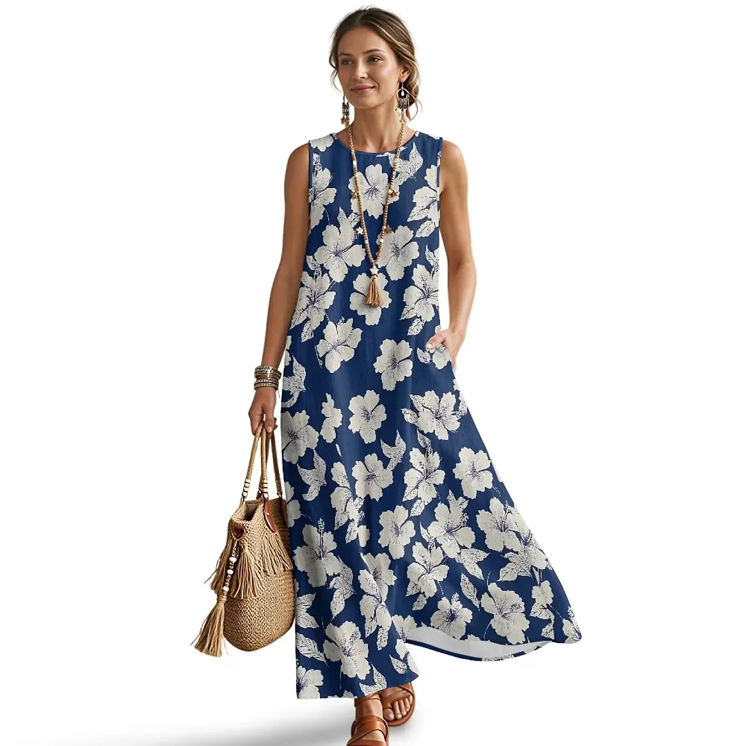 Kirablend Hana Botanical Print Sleeveless Maxi Dress with Pockets