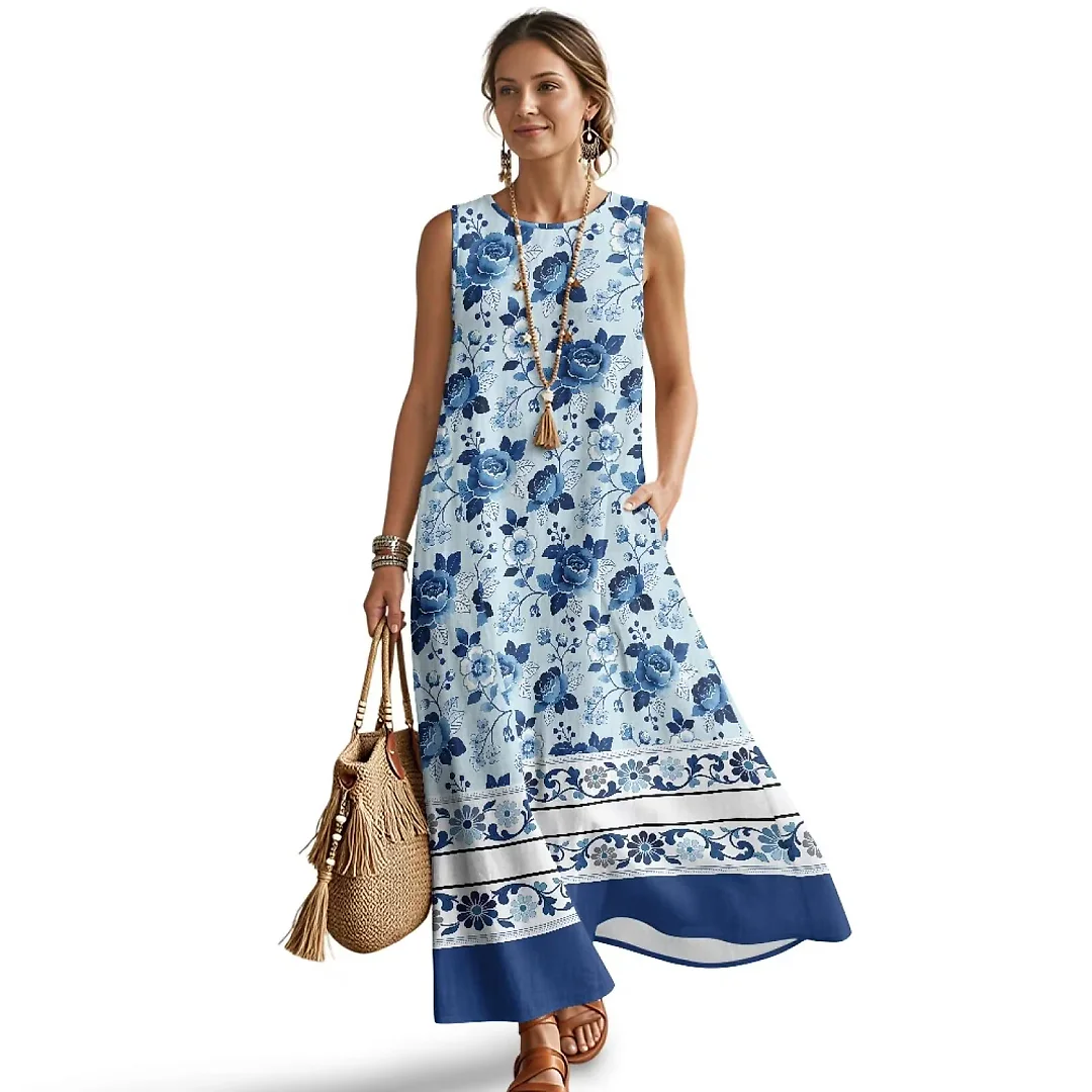 Kirablend Hana Botanical Print Sleeveless Maxi Dress with Pockets