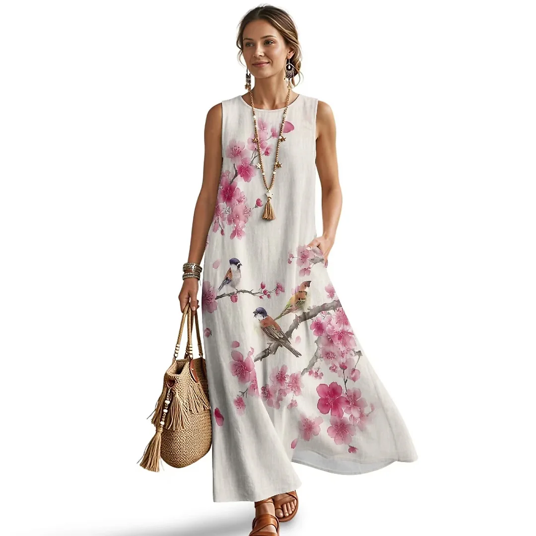 Kirablend Hana Botanical Print Sleeveless Maxi Dress with Pockets