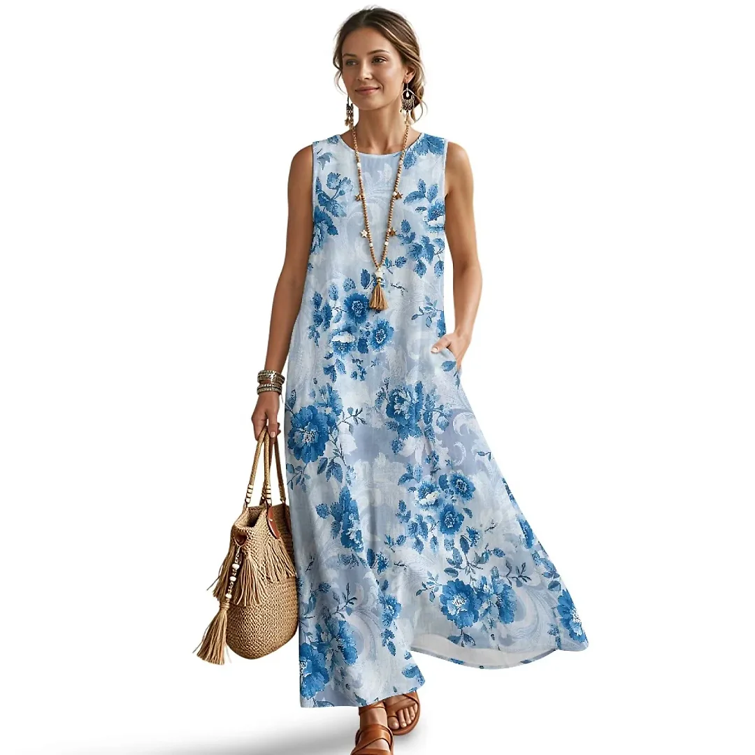Kirablend Hana Botanical Print Sleeveless Maxi Dress with Pockets