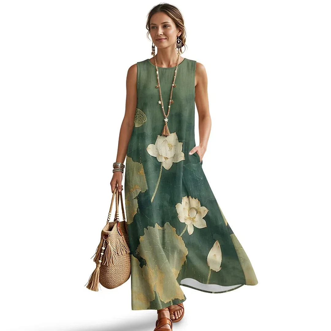 Kirablend Hana Botanical Print Sleeveless Maxi Dress with Pockets
