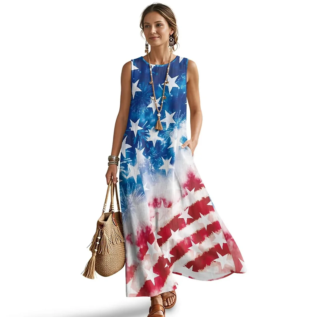 Kirablend Hana Botanical Print Sleeveless Maxi Dress with Pockets
