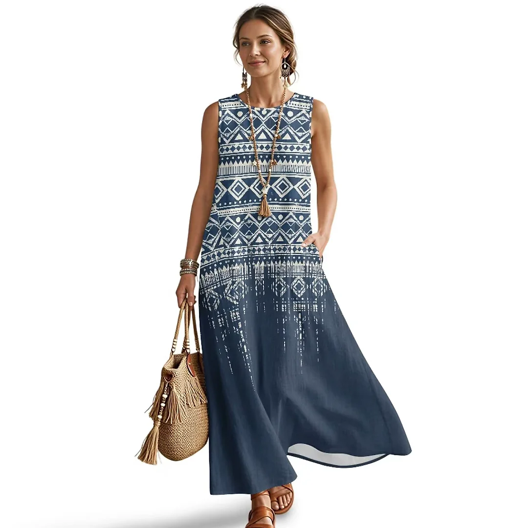 Kirablend Hana Botanical Print Sleeveless Maxi Dress with Pockets
