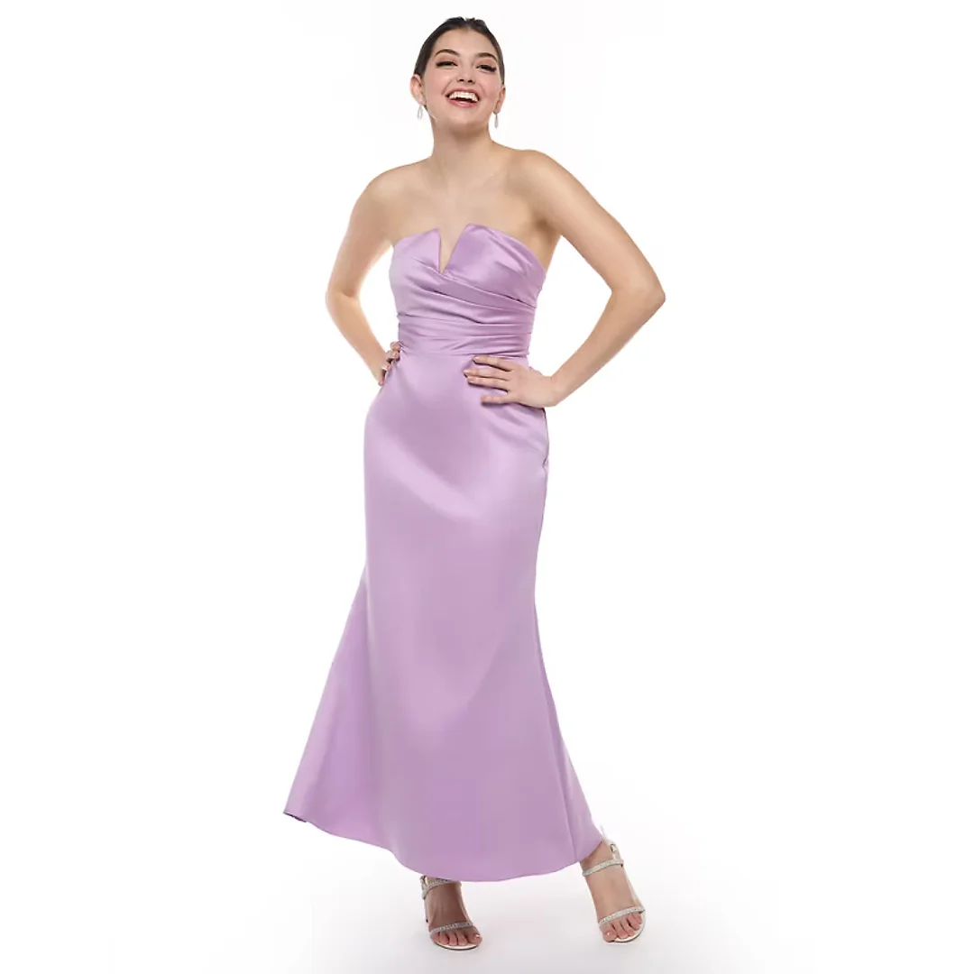 Kirablend Margaux Strapless Satin Ankle Dress with Notch Neckline