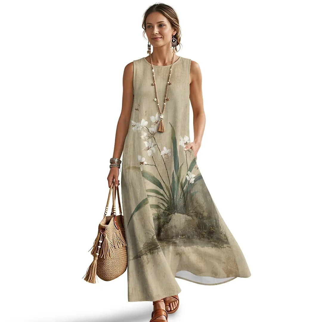 Kirablend Marisol Linen-Look Crewneck Tank Maxi Dress