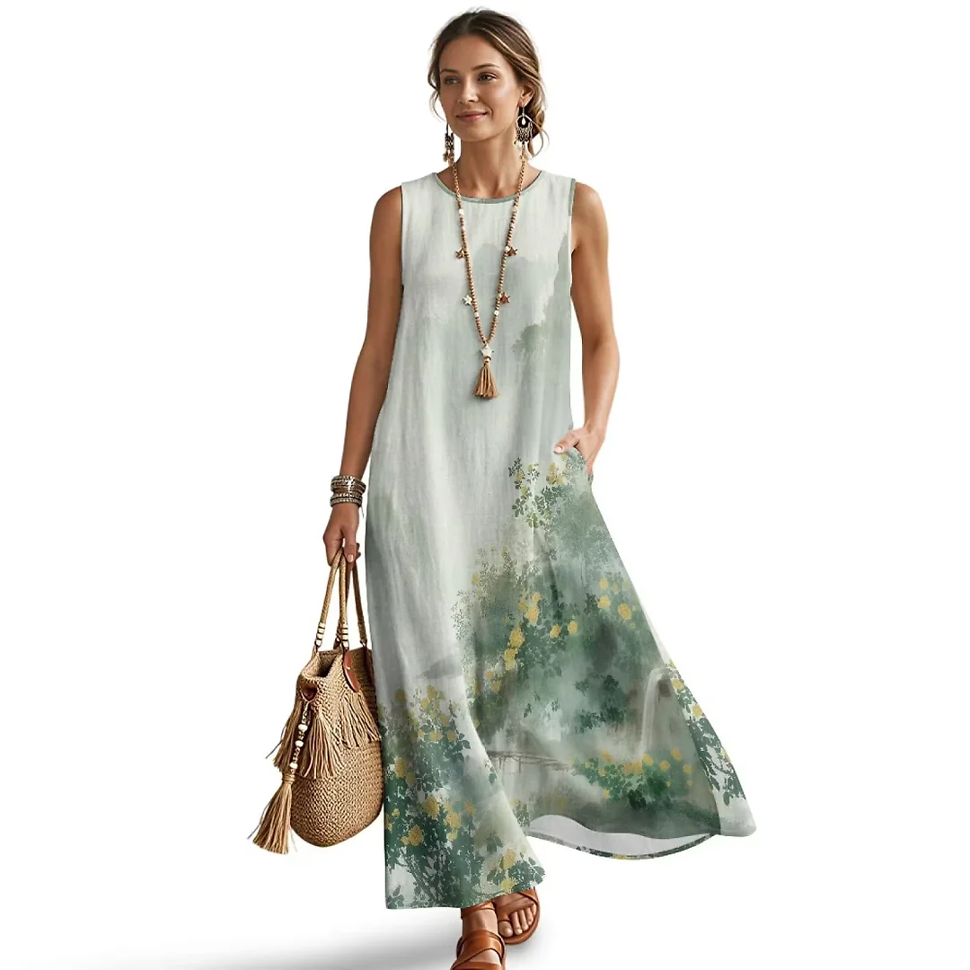 Kirablend Marisol Linen-Look Crewneck Tank Maxi Dress