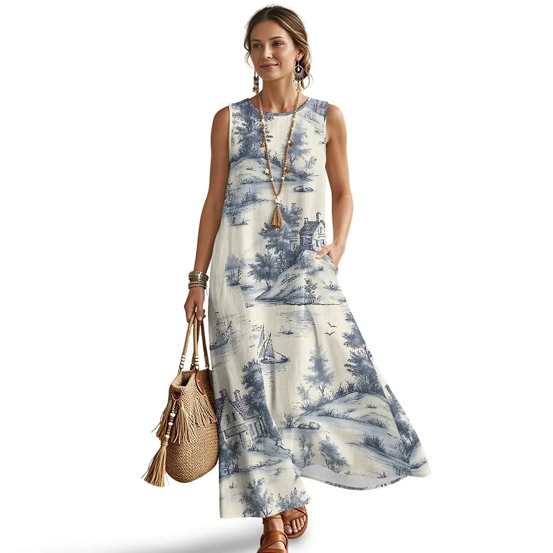 Kirablend Marisol Linen-Look Crewneck Tank Maxi Dress